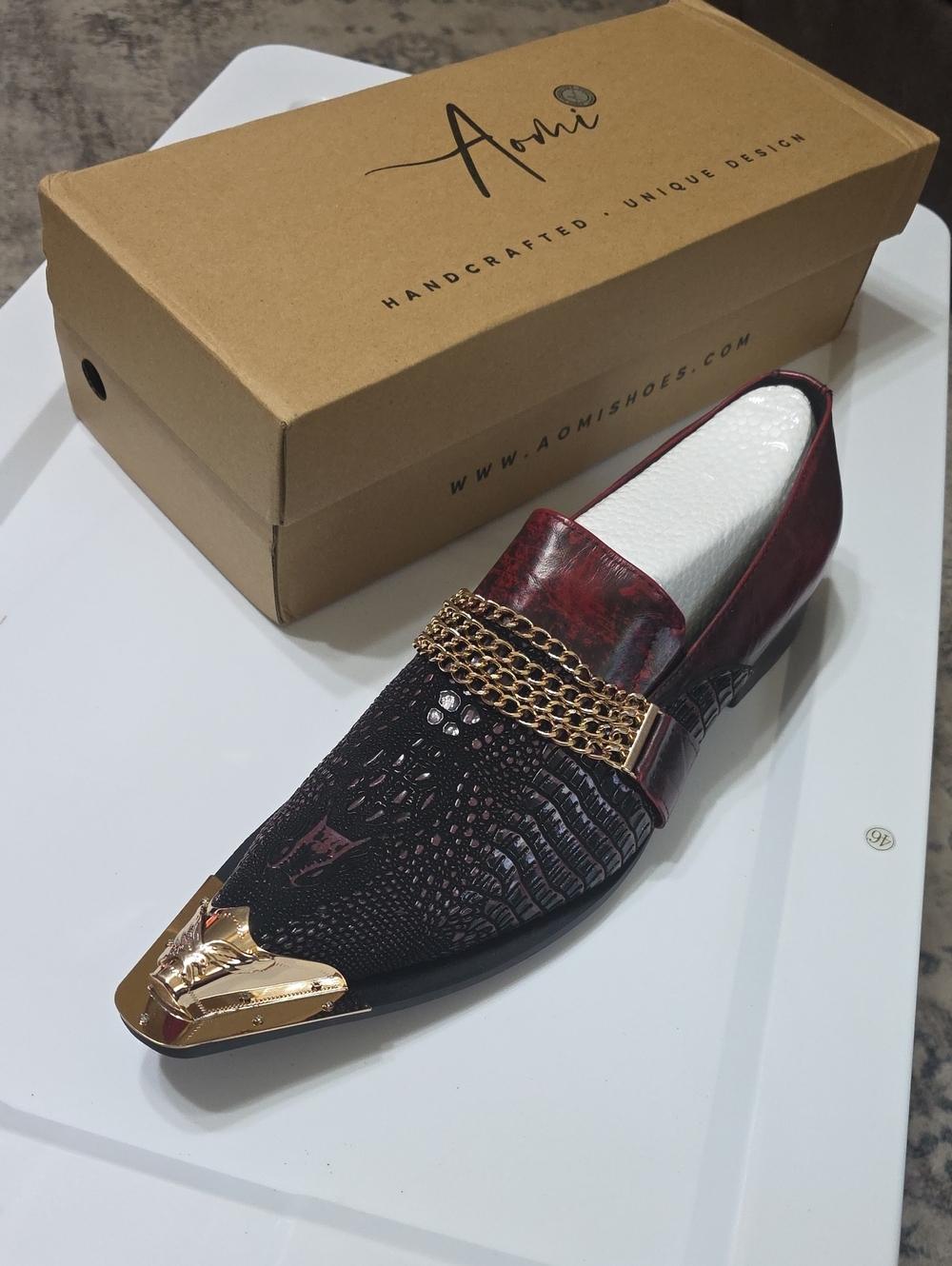 Men's Burgundy & Black Embossed Slip-On Loafers with Gold Accents